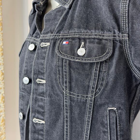 Y2K Tommy Hilfiger Dark Wash Denim Jacket Women’s Small Contrast Stitching - Picture 6 of 16